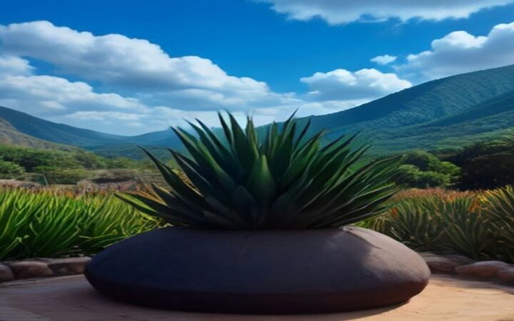Ilustración de un maguey de pencas verdes azuladas sobre una gran base redonda de piedra oscura, rodeado de plantas de agave, con cerros verdes y un cielo azul con nubes blancas al fondo