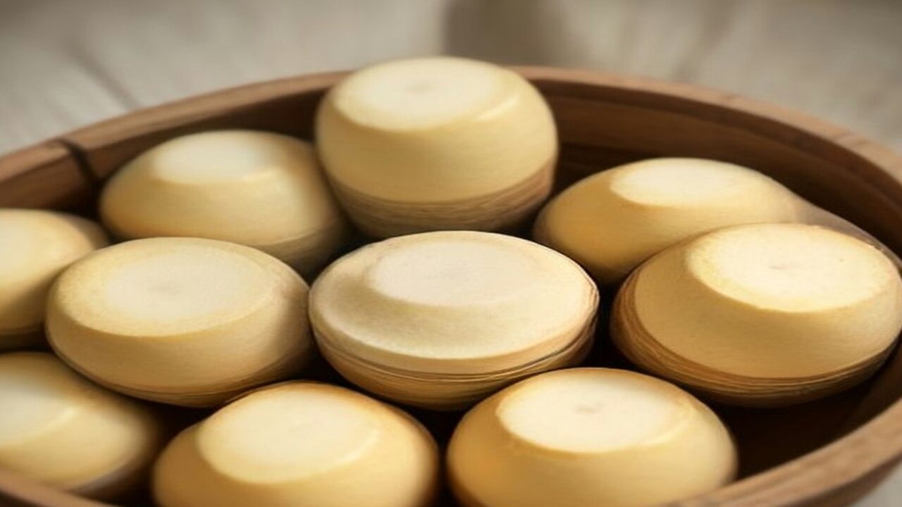 Ilustración de varias piezas redondas de queso artesanal madurado, de corteza amarillo pálido, acomodadas dentro de un recipiente de madera bajo una luz cálida y suave