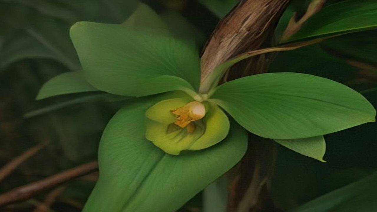 Ilustración de una flor de orquídea de vainilla en tono amarillo verdoso entre hojas verdes y carnosas, sobre una enredadera trepada a un tronco en la selva húmeda del Totonacapan, con fondo de follaje en penumbra