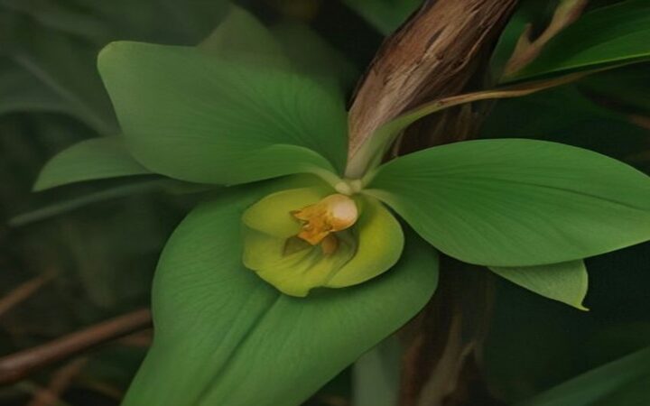 Ilustración de una flor de orquídea de vainilla en tono amarillo verdoso entre hojas verdes y carnosas, sobre una enredadera trepada a un tronco en la selva húmeda del Totonacapan, con fondo de follaje en penumbra