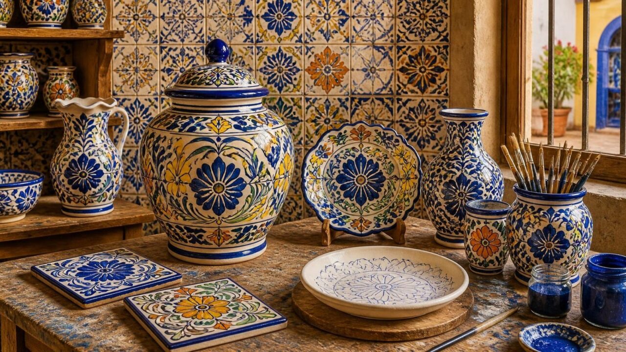 Ilustración de un taller de cerámica con platos, jarrones y azulejos de Talavera decorados a mano en azul cobalto, amarillo, naranja y verde, pinceles y frascos de pigmento sobre una mesa de madera