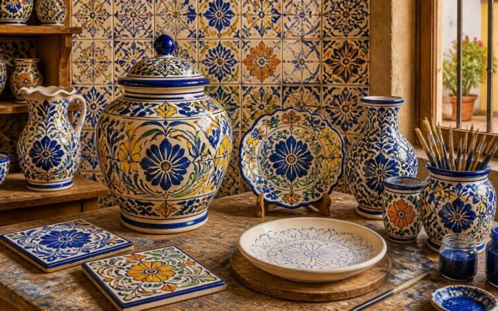 Ilustración de un taller de cerámica con platos, jarrones y azulejos de Talavera decorados a mano en azul cobalto, amarillo, naranja y verde, pinceles y frascos de pigmento sobre una mesa de madera