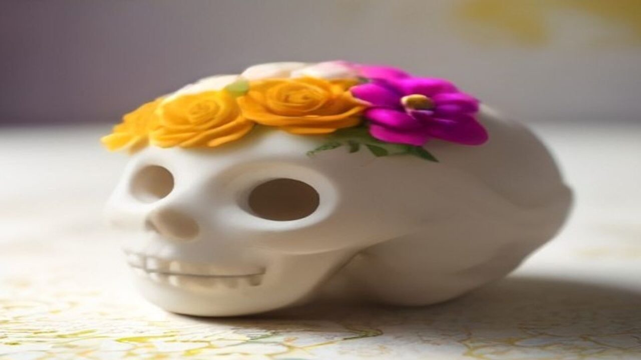 Ilustración de una calaverita de azúcar blanca adornada con flores amarillas y una flor magenta sobre la cabeza, apoyada en un mantel claro con estampado dorado