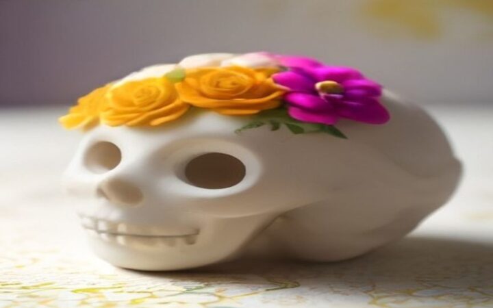 Ilustración de una calaverita de azúcar blanca adornada con flores amarillas y una flor magenta sobre la cabeza, apoyada en un mantel claro con estampado dorado