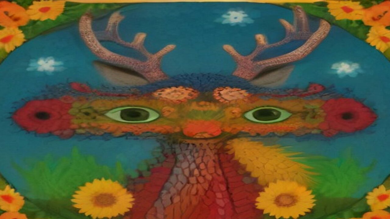 Ilustración inspirada en el arte wixárika: un venado estilizado de grandes astas y ojos verdes, formado con cuentas y estambre en tonos rojo, naranja y azul, rodeado de flores amarillas y anaranjadas sobre un fondo azul intenso