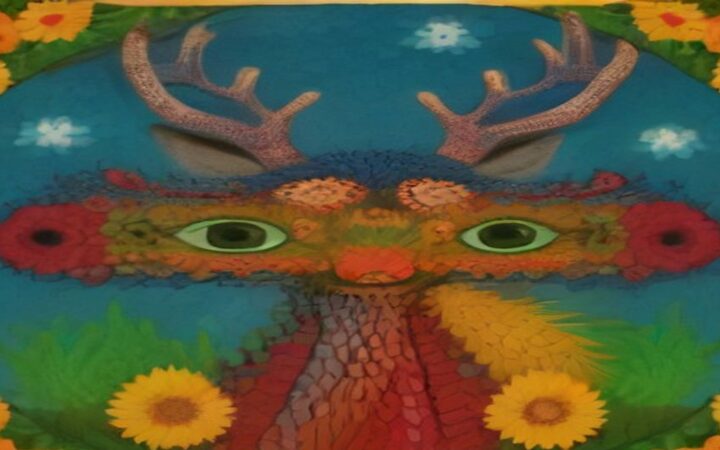 Ilustración inspirada en el arte wixárika: un venado estilizado de grandes astas y ojos verdes, formado con cuentas y estambre en tonos rojo, naranja y azul, rodeado de flores amarillas y anaranjadas sobre un fondo azul intenso