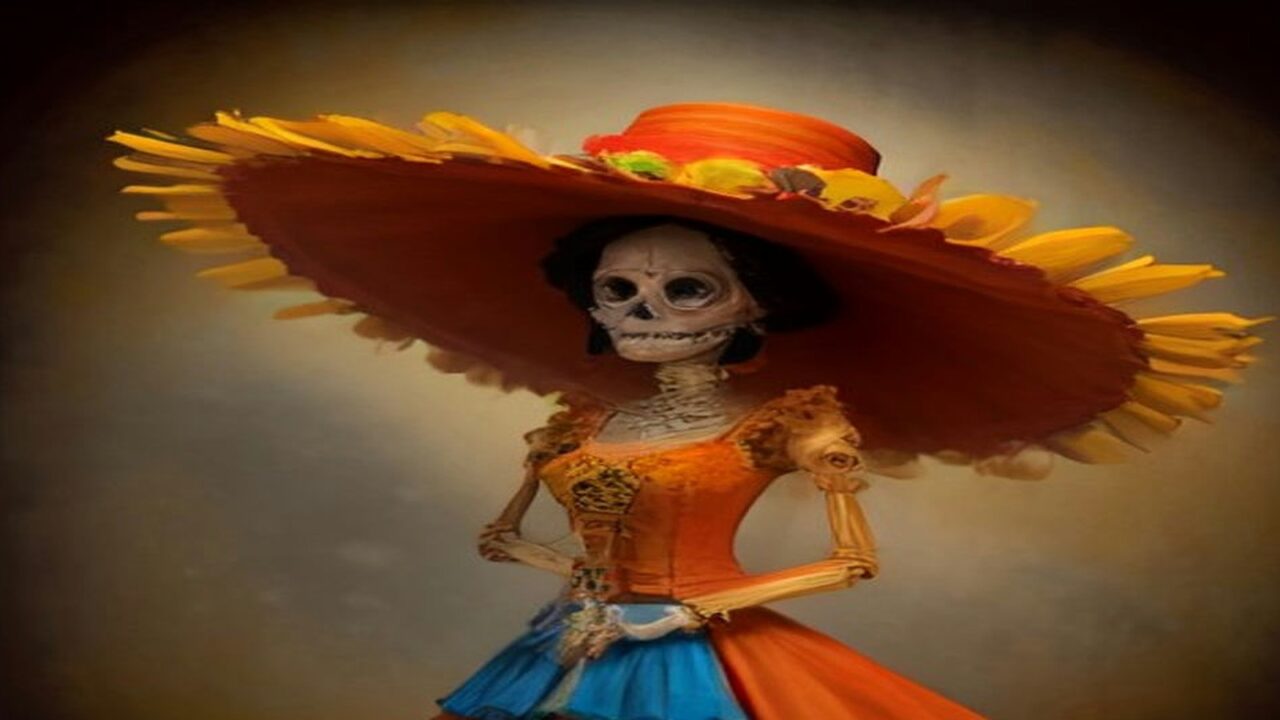 Ilustración de una figura de calavera Catrina con un enorme sombrero de ala ancha rojo y naranja adornado con flores y pétalos amarillos, corpiño naranja bordado y falda azul y naranja, sobre un fondo cálido en penumbra
