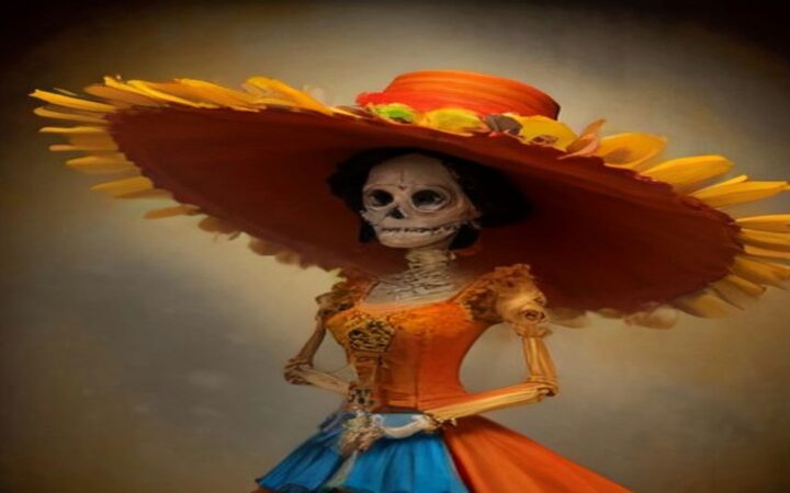 Ilustración de una figura de calavera Catrina con un enorme sombrero de ala ancha rojo y naranja adornado con flores y pétalos amarillos, corpiño naranja bordado y falda azul y naranja, sobre un fondo cálido en penumbra