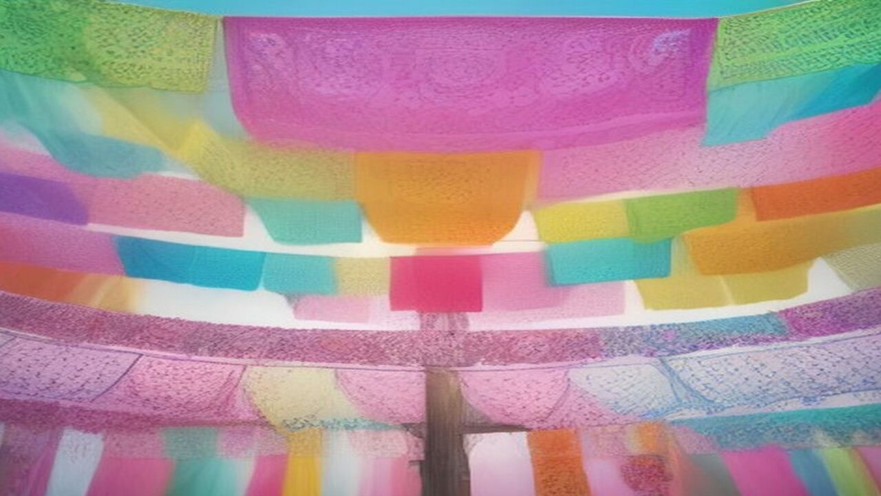 Ilustración de hileras de papel picado en tonos rosa mexicano, naranja, amarillo, verde y turquesa, con calados finos, colgadas sobre un poste de madera bajo un cielo azul claro