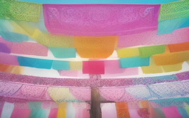 Ilustración de hileras de papel picado en tonos rosa mexicano, naranja, amarillo, verde y turquesa, con calados finos, colgadas sobre un poste de madera bajo un cielo azul claro