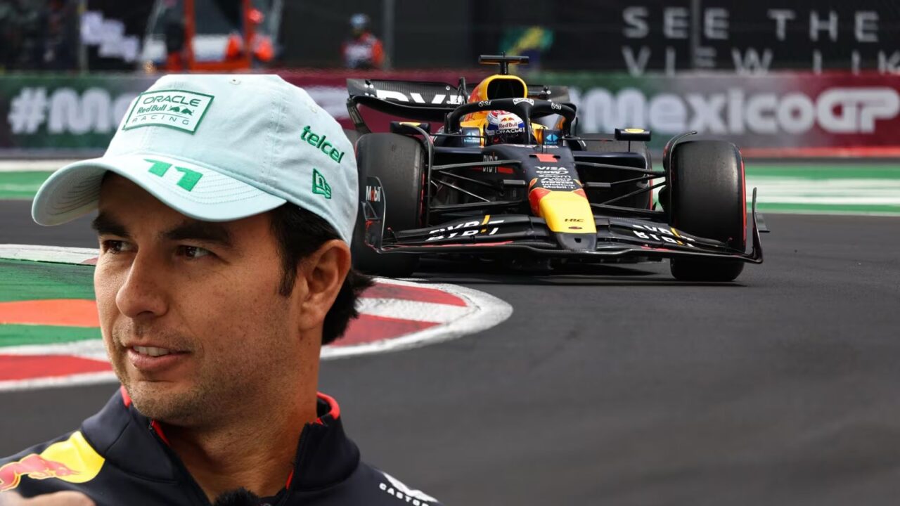 Montaje de un piloto con gorra y un automóvil de carreras en una pista.
