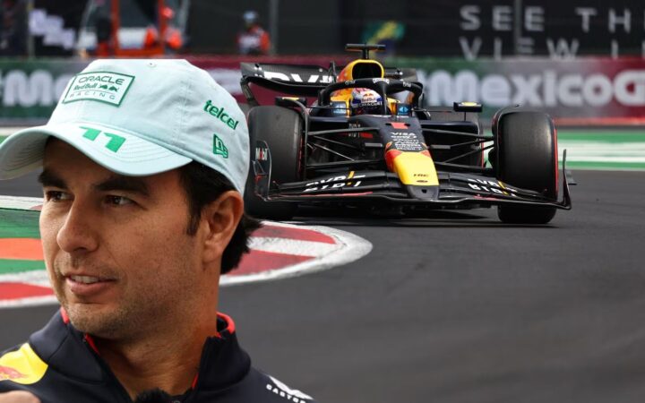 Montaje de un piloto con gorra y un automóvil de carreras en una pista.