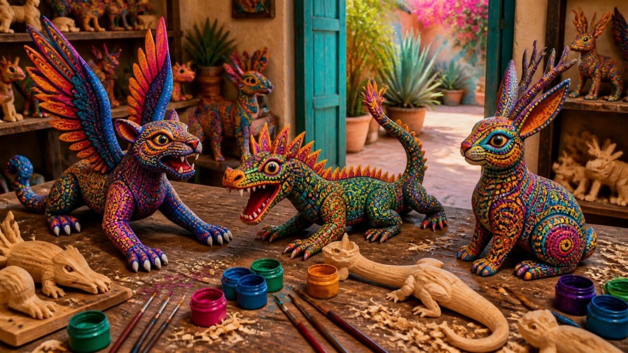 Ilustración de un taller artesanal con alebrijes tallados en madera y pintados con puntos y grecas de colores, un jaguar con alas, un dragón y un conejo con cuernos, junto a botes de pintura, pinceles, figuras sin pintar y virutas de madera