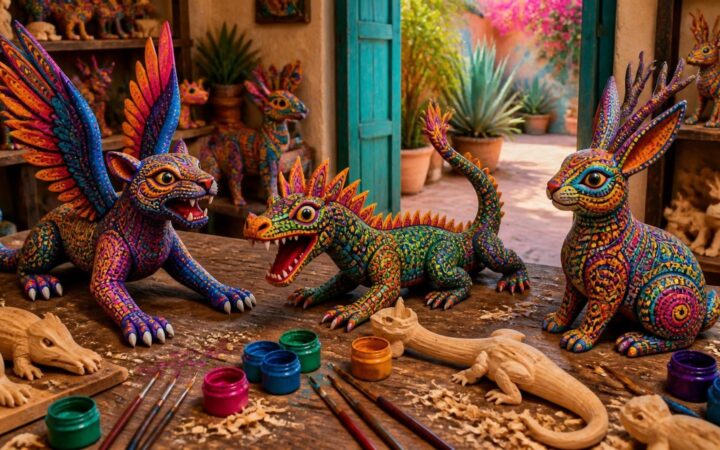 Ilustración de un taller artesanal con alebrijes tallados en madera y pintados con puntos y grecas de colores, un jaguar con alas, un dragón y un conejo con cuernos, junto a botes de pintura, pinceles, figuras sin pintar y virutas de madera