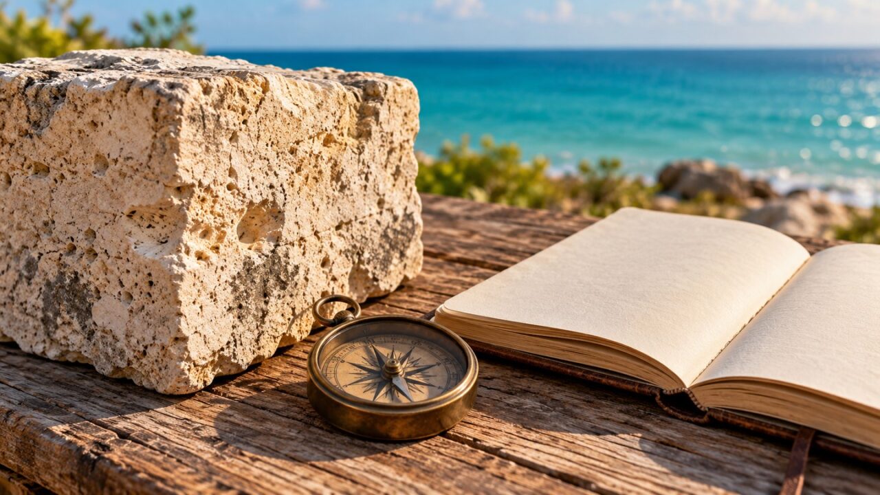 Composición conceptual con piedra caliza, brújula y cuaderno frente a un mar desenfocado; imagen generada con IA.