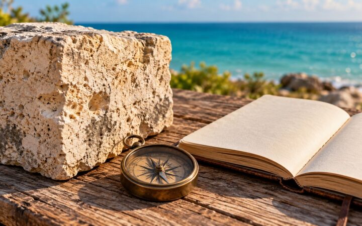 Composición conceptual con piedra caliza, brújula y cuaderno frente a un mar desenfocado; imagen generada con IA.