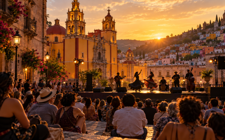 Ilustración editorial de una plaza de Guanajuato al atardecer durante una presentación cultural al aire libre.