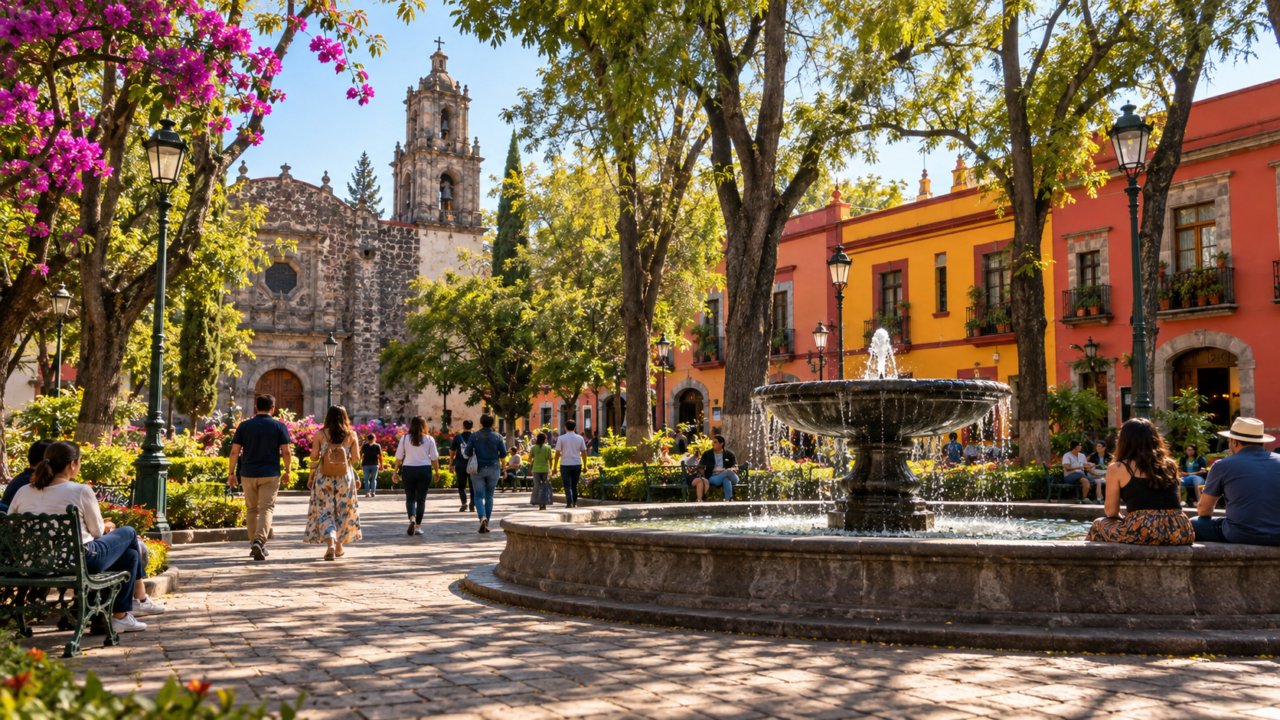 Plaza y calles arboladas del centro de Coyoacán