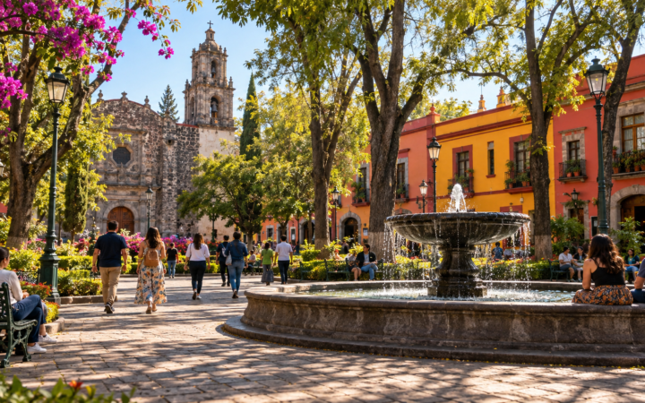 Plaza y calles arboladas del centro de Coyoacán