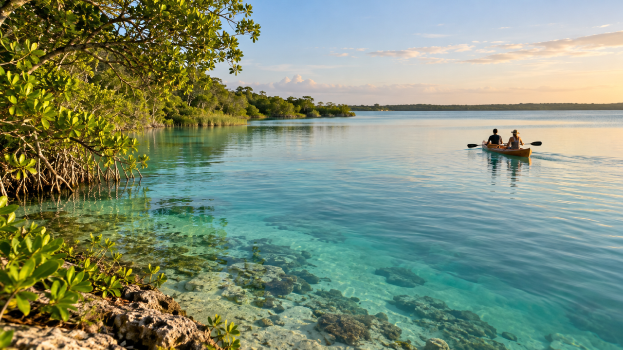 Agua turquesa y paisaje de la laguna de Bacalar