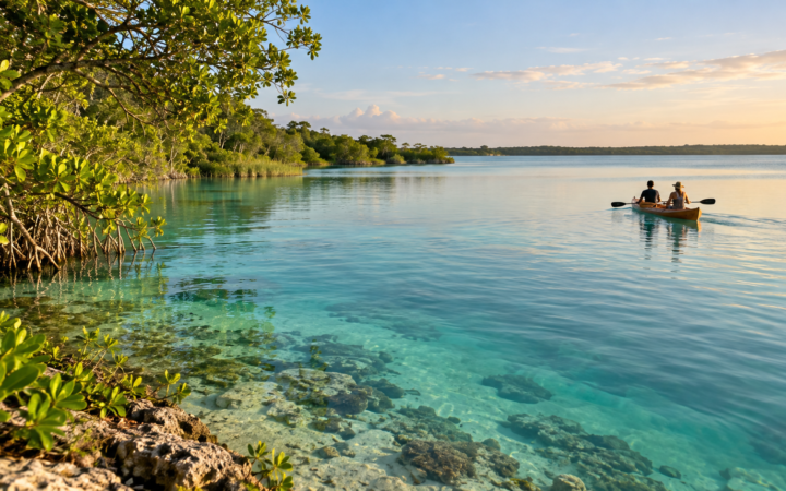 Agua turquesa y paisaje de la laguna de Bacalar