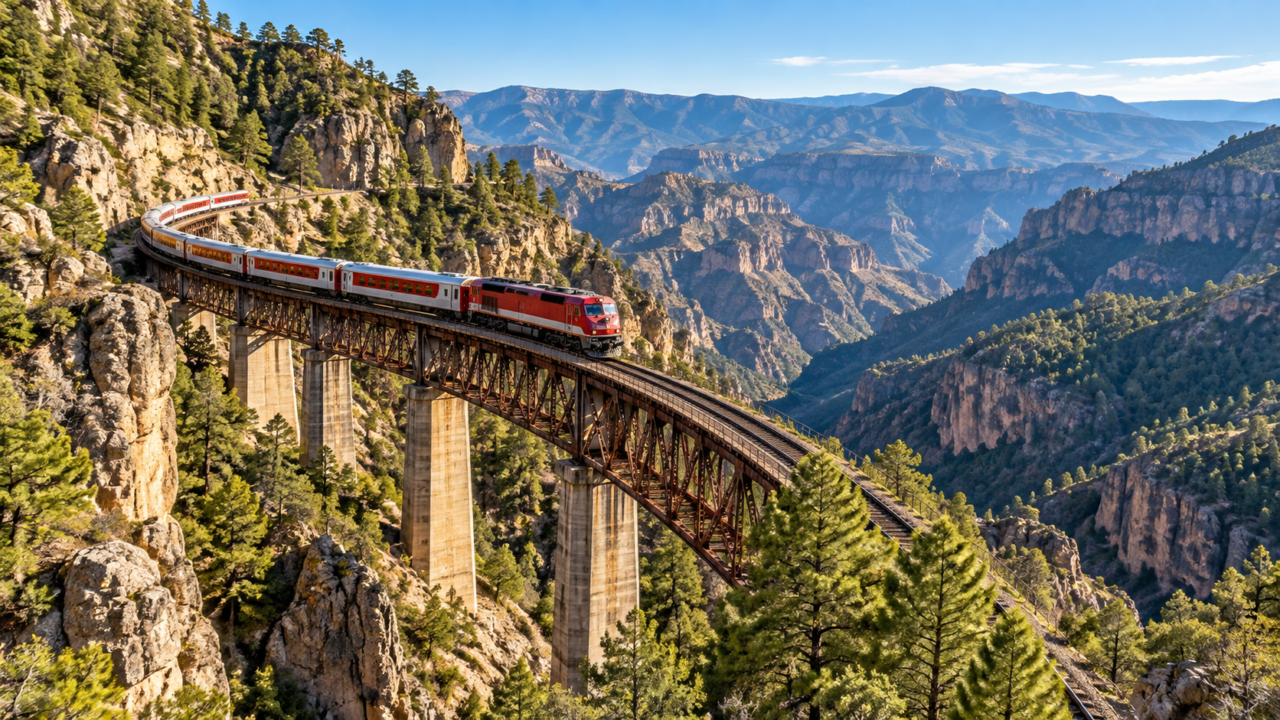 Tren Chepe Express entre las montañas de la Sierra Tarahumara