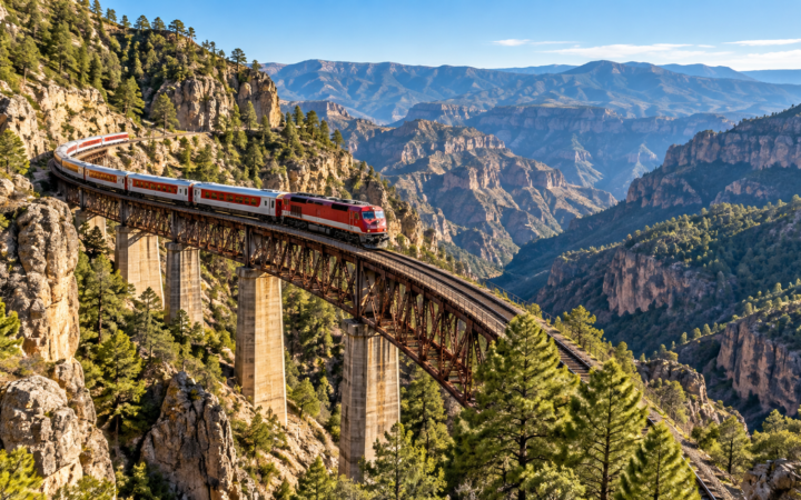 Tren Chepe Express entre las montañas de la Sierra Tarahumara