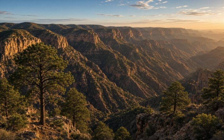 Paisaje de cañones y laderas arboladas bajo la luz del atardecer.