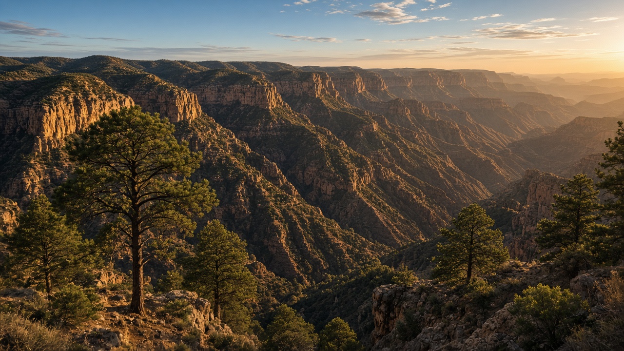 Paisaje de cañones y laderas arboladas bajo la luz del atardecer.