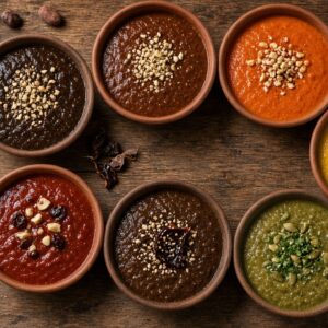 Recipientes de barro con moles de diferentes colores junto a tortillas y chiles secos.