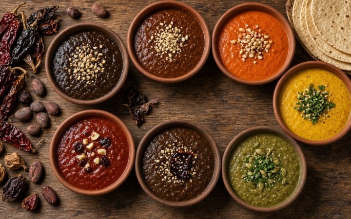 Recipientes de barro con moles de diferentes colores junto a tortillas y chiles secos.