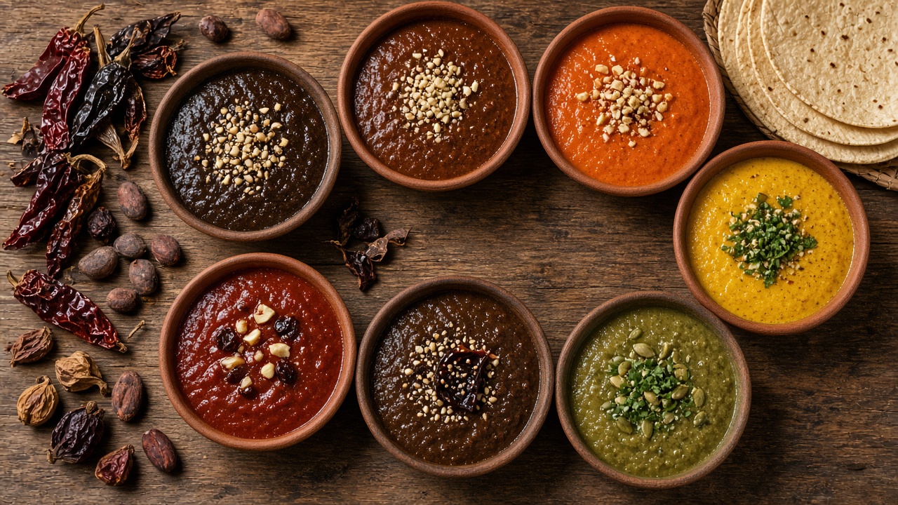 Recipientes de barro con moles de diferentes colores junto a tortillas y chiles secos.