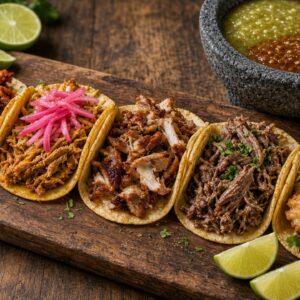 Cinco tacos con distintos rellenos sobre una tabla, acompañados de limones y salsas.