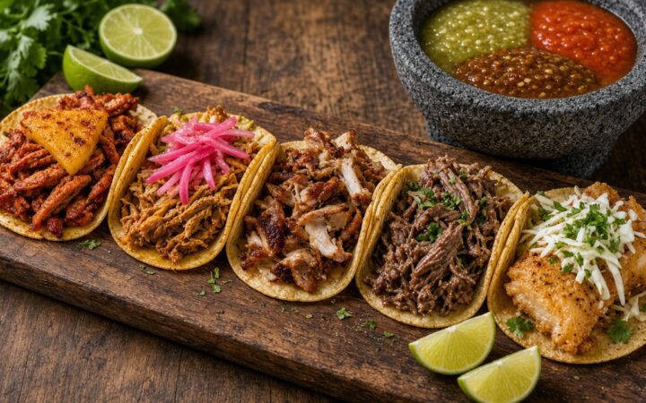 Cinco tacos con distintos rellenos sobre una tabla, acompañados de limones y salsas.