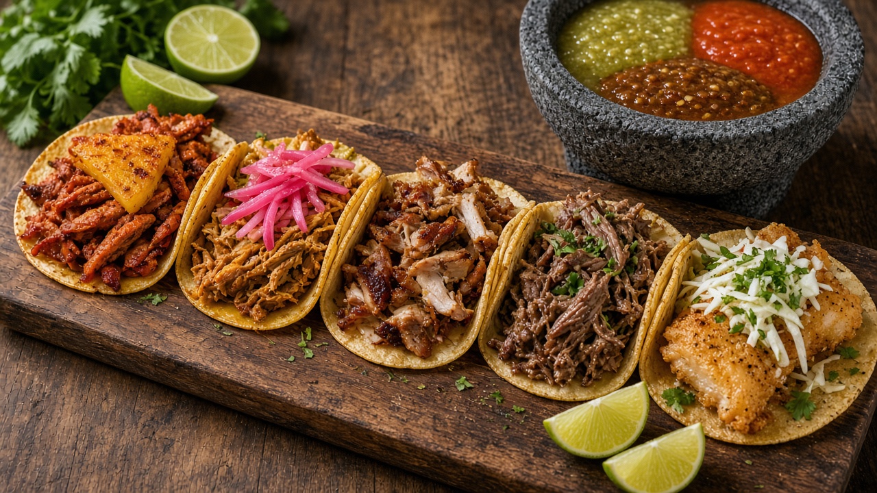 Cinco tacos con distintos rellenos sobre una tabla, acompañados de limones y salsas.