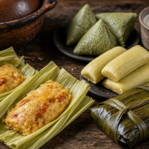Tamales de distintas formas y envolturas sobre una mesa con recipientes de barro.
