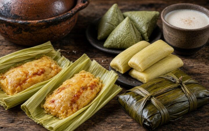 Tamales de distintas formas y envolturas sobre una mesa con recipientes de barro.