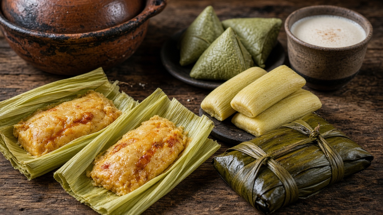 Tamales de distintas formas y envolturas sobre una mesa con recipientes de barro.