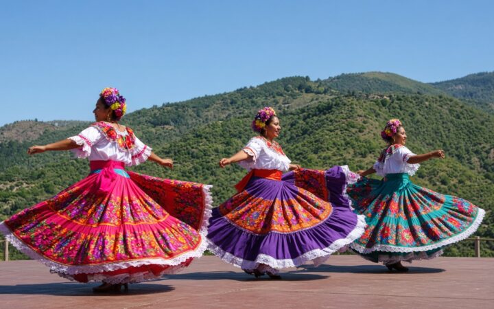 Tres bailarinas con faldas de colores y flores en el cabello frente a un paisaje montañoso.