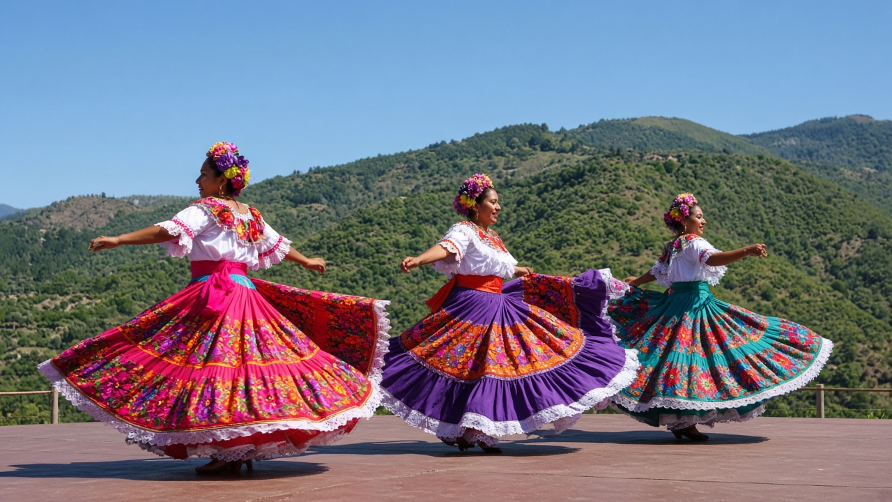Tres bailarinas con faldas de colores y flores en el cabello frente a un paisaje montañoso.
