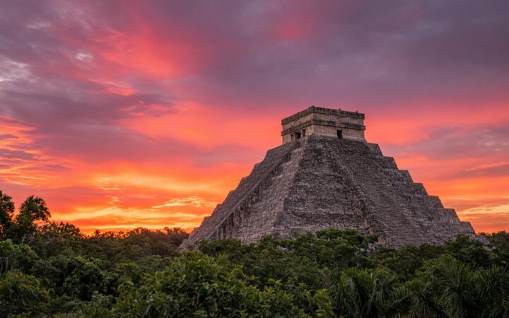 Pirámide escalonada de piedra ante un cielo de atardecer.
