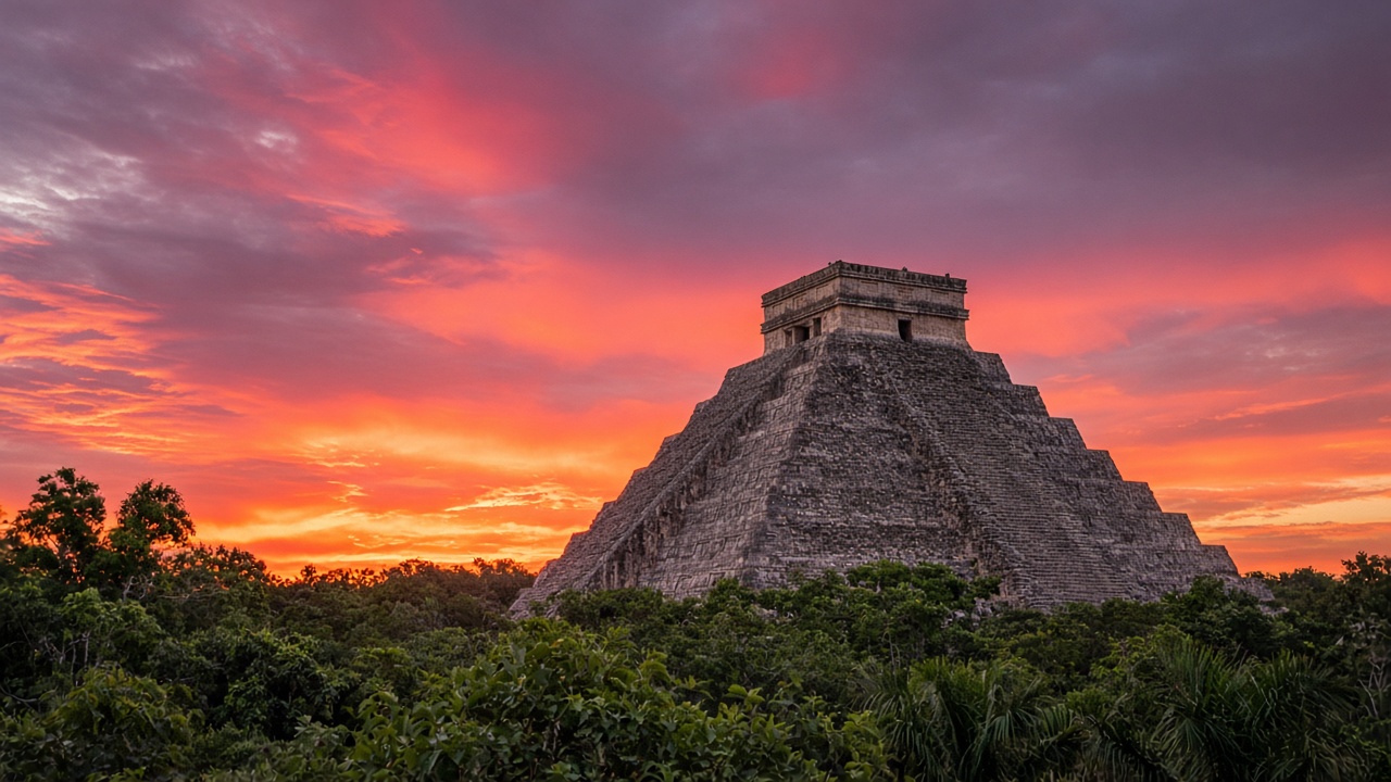 Pirámide escalonada de piedra ante un cielo de atardecer.