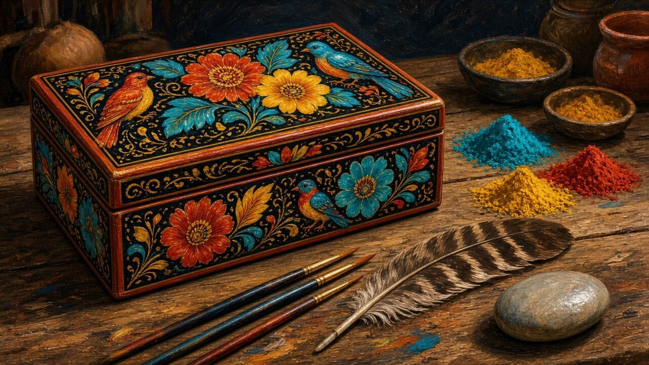 Ilustración de una caja de madera laqueada de Olinalá, con fondo negro brillante decorado con flores rojas, amarillas y turquesa y pájaros de colores, sobre una mesa de taller junto a pinceles, una pluma y polvos de colores
