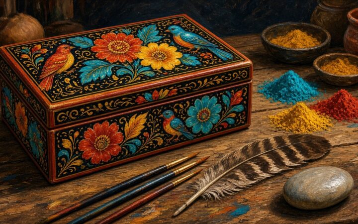 Ilustración de una caja de madera laqueada de Olinalá, con fondo negro brillante decorado con flores rojas, amarillas y turquesa y pájaros de colores, sobre una mesa de taller junto a pinceles, una pluma y polvos de colores