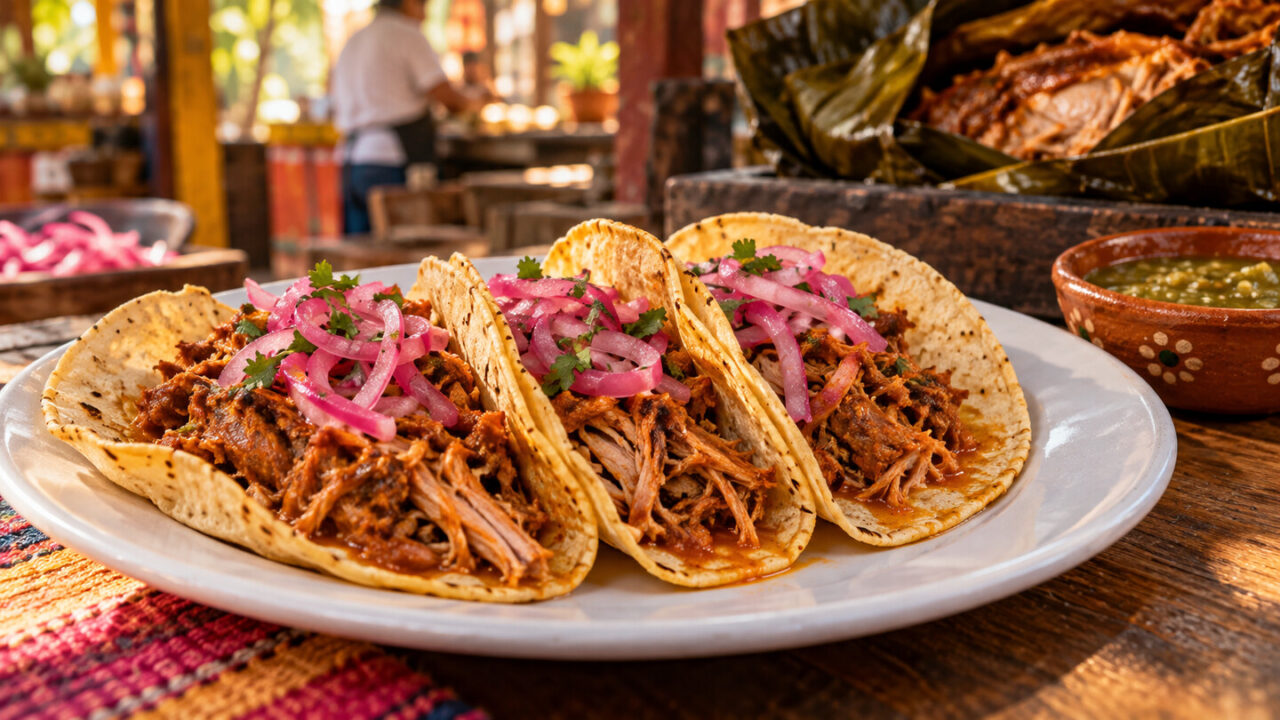 Escena ilustrativa hiperrealista de tacos de cochinita pibil con cebolla encurtida en un ambiente de mercado.