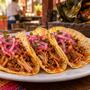 Escena ilustrativa hiperrealista de tacos de cochinita pibil con cebolla encurtida en un ambiente de mercado.