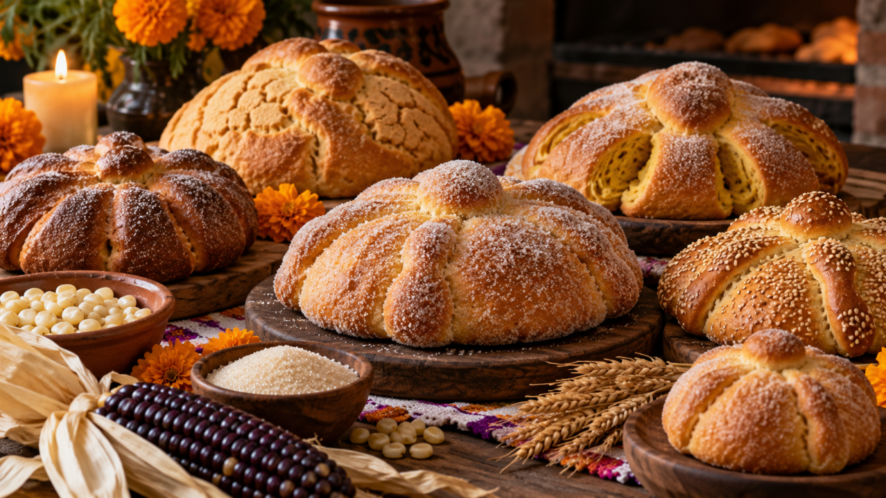 Selección de panes de muerto de formas y decoraciones distintas sobre una mesa de panadería tradicional