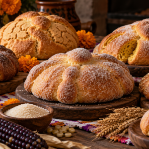 Selección de panes de muerto de formas y decoraciones distintas sobre una mesa de panadería tradicional