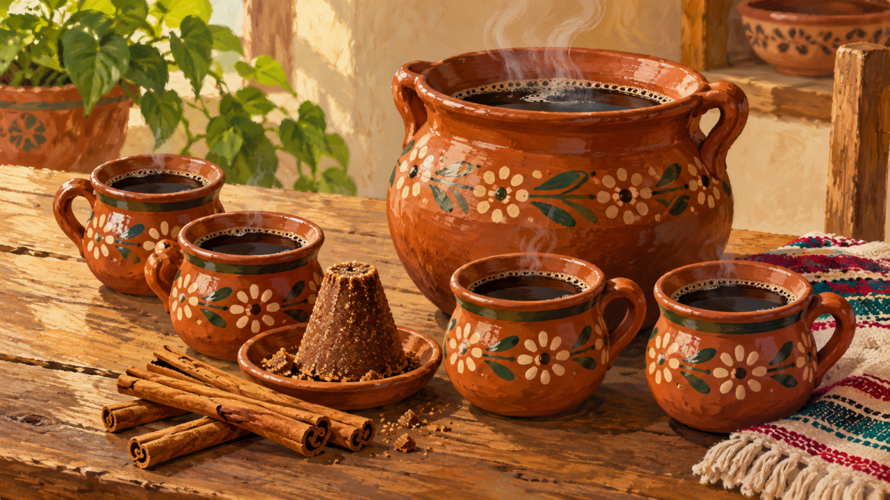 Ilustración generada con IA de una olla y cuatro tazas de café, con canela y piloncillo sobre una mesa.