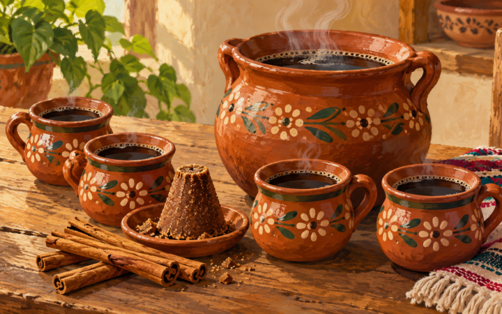 Ilustración generada con IA de una olla y cuatro tazas de café, con canela y piloncillo sobre una mesa.